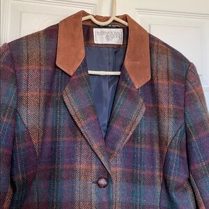 VTG International Scene Plaid Wool Blazer Suede collar Sz 6